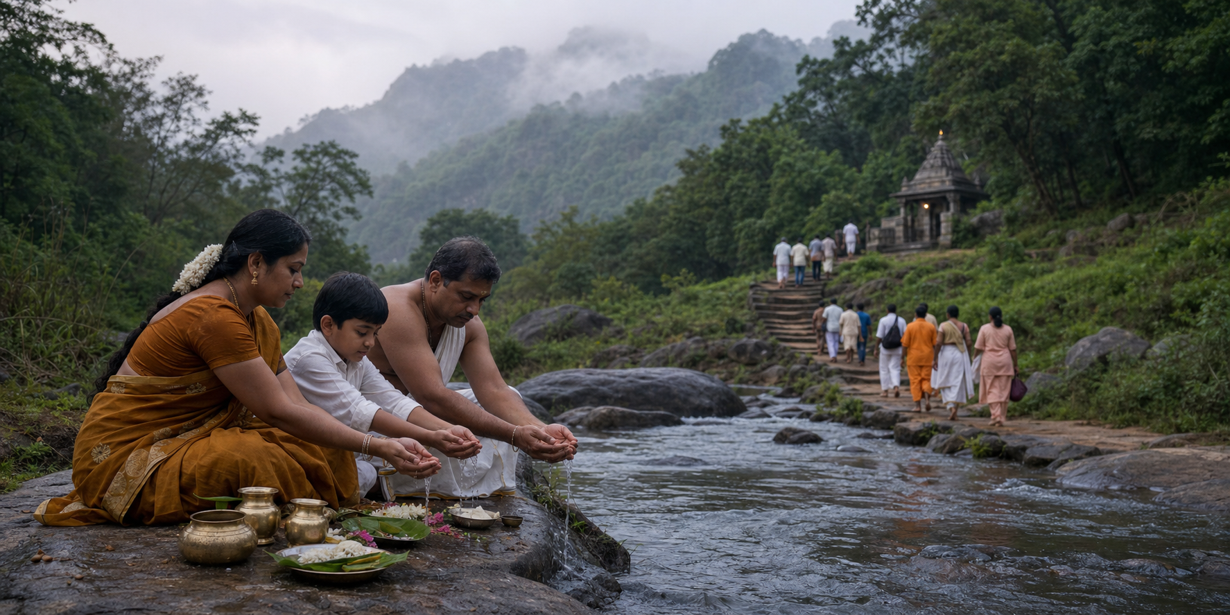 A South Indian family performs ancestor offerings beside water at dawn while pilgrims walk toward the forested Sathuragiri hills in the distance.