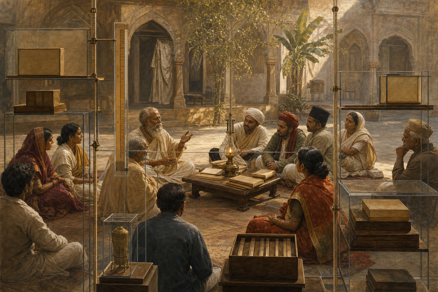 A late nineteenth-century Indian discussion circle seen through a translucent grid of measuring rods and rectangular compartments.