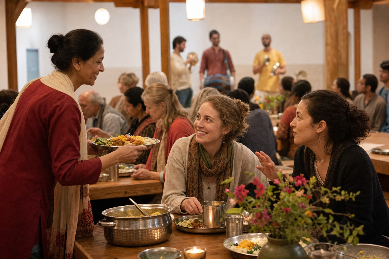 Volunteers serve a vegetarian meal while guests talk together at long communal tables in a warmly lit hall.