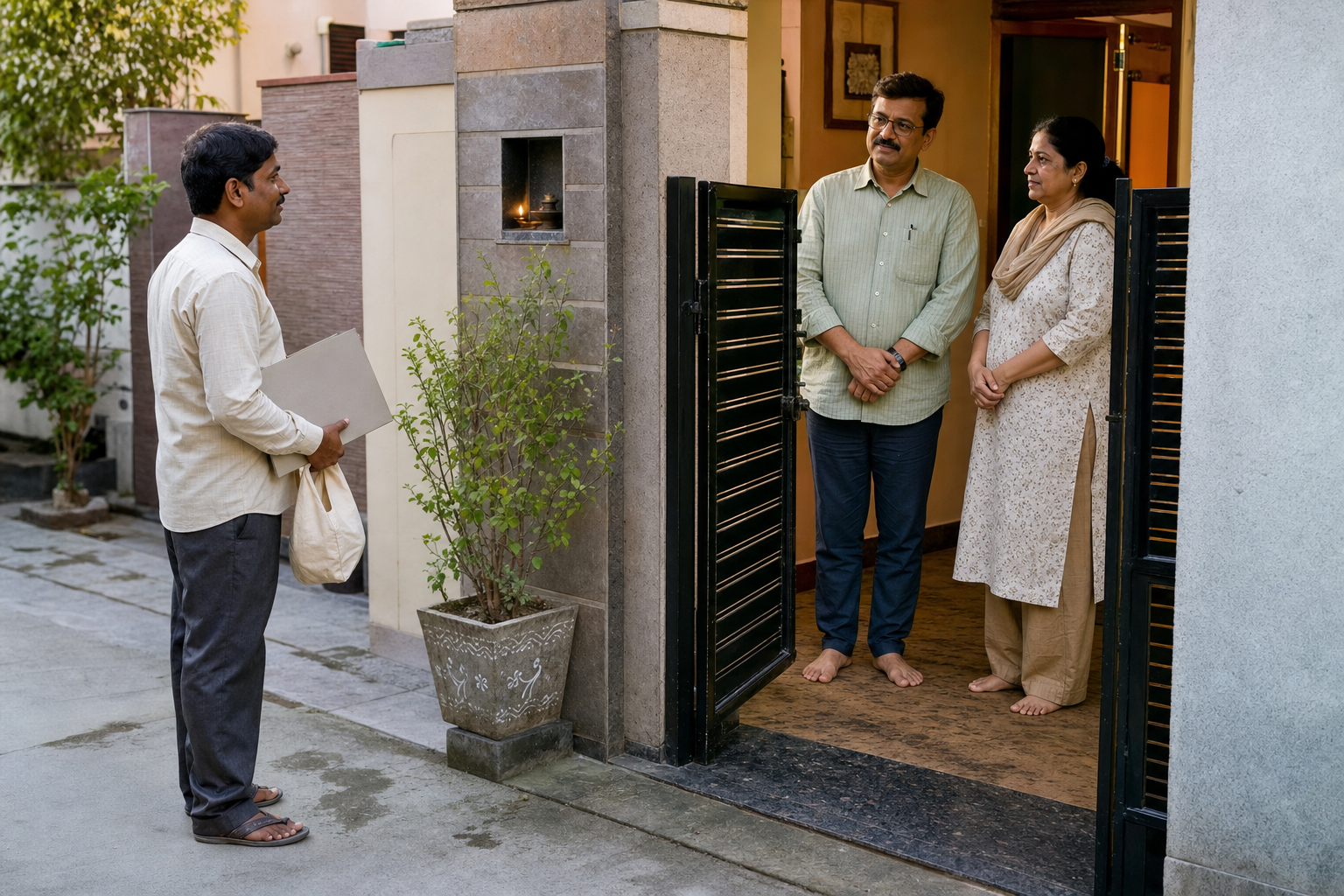 A community volunteer waits outside an open household gate while two adults speak with the volunteer from inside the courtyard.
