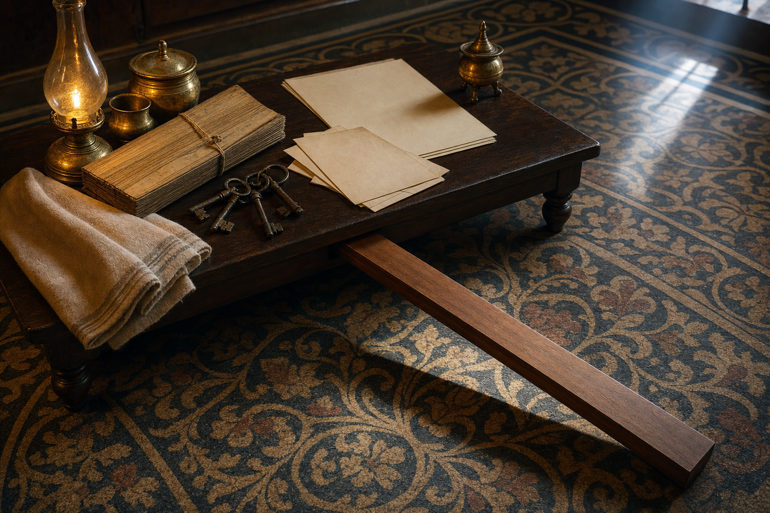 A concealed wooden measuring rule casts a straight shadow beneath manuscripts, vessels, keys, folded cloth, and blank papers on a period desk.