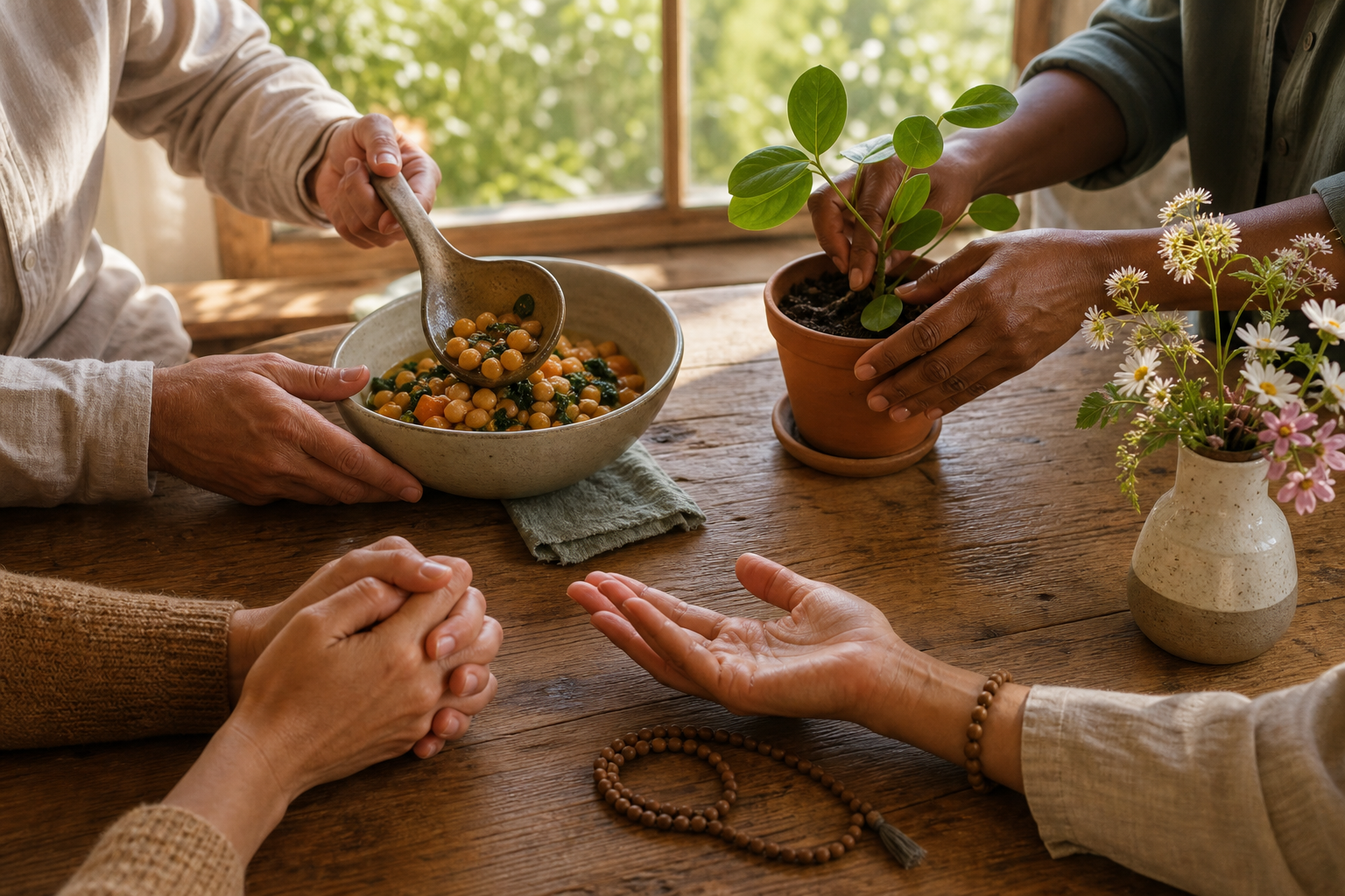 Several pairs of hands serve food, tend a young plant, and offer attentive support beside prayer beads and flowers.