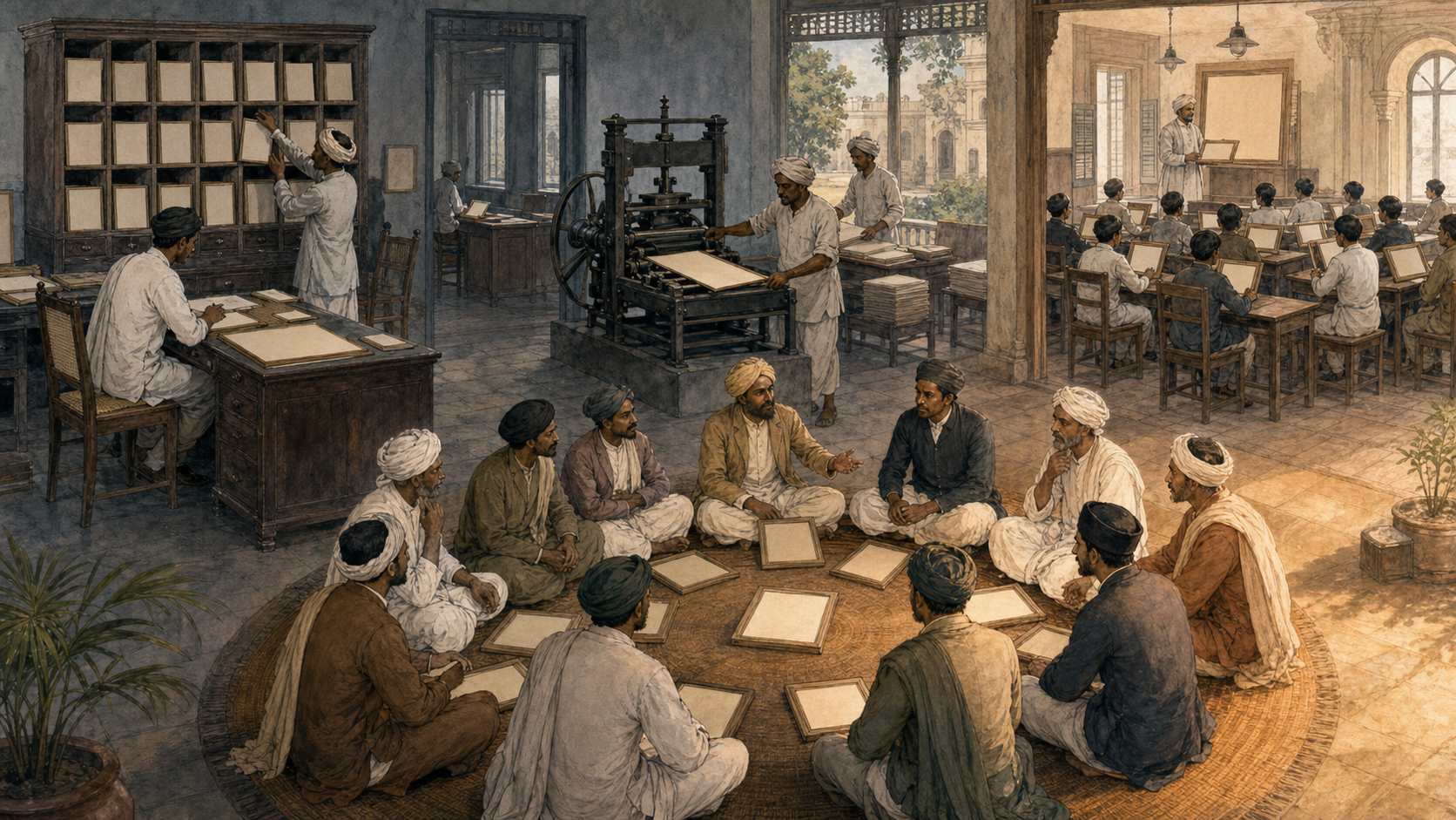 Administrative cabinets, a printing press, a classroom, and an Indian public meeting are linked by a repeated motif of empty rectangular frames.