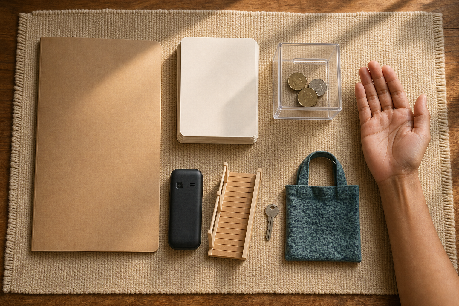 An overhead arrangement shows blank outreach materials, a transparent coin box, a face-down phone, a key, and a small accessibility-ramp model.