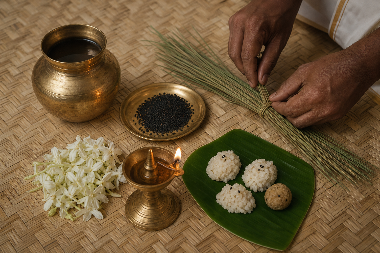 Hands arrange darbha grass beside brass vessels, sesame seeds, flowers and rice offerings prepared for an ancestral rite.
