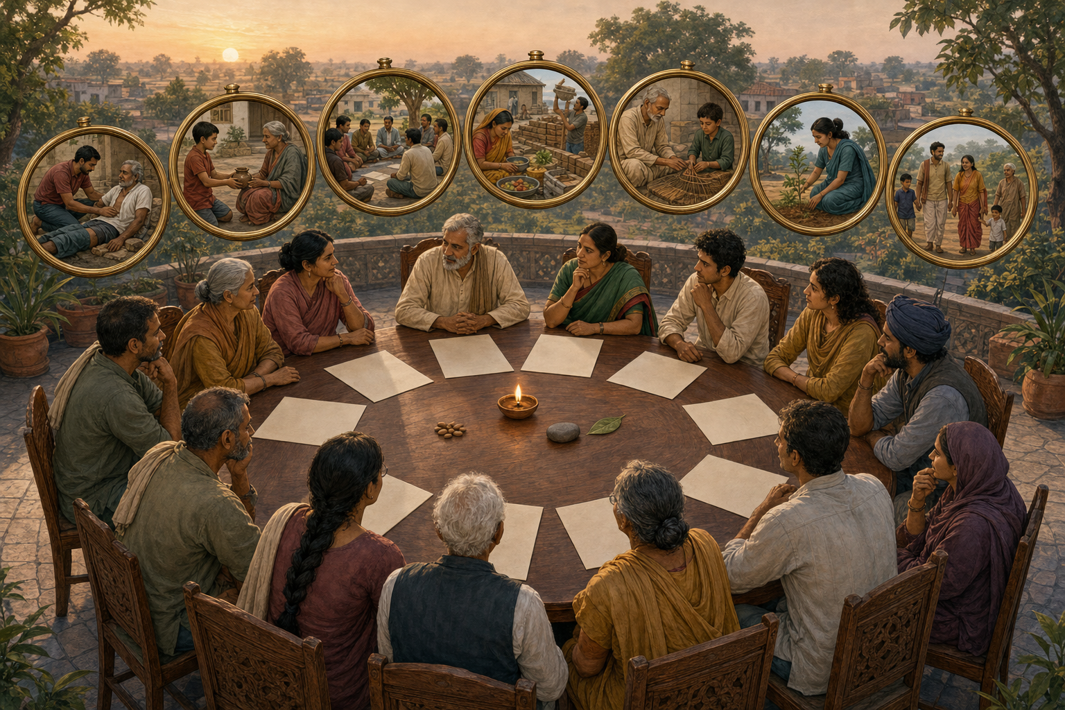 Seven brass-framed lenses reveal different aspects of a community scene above a circular council table.