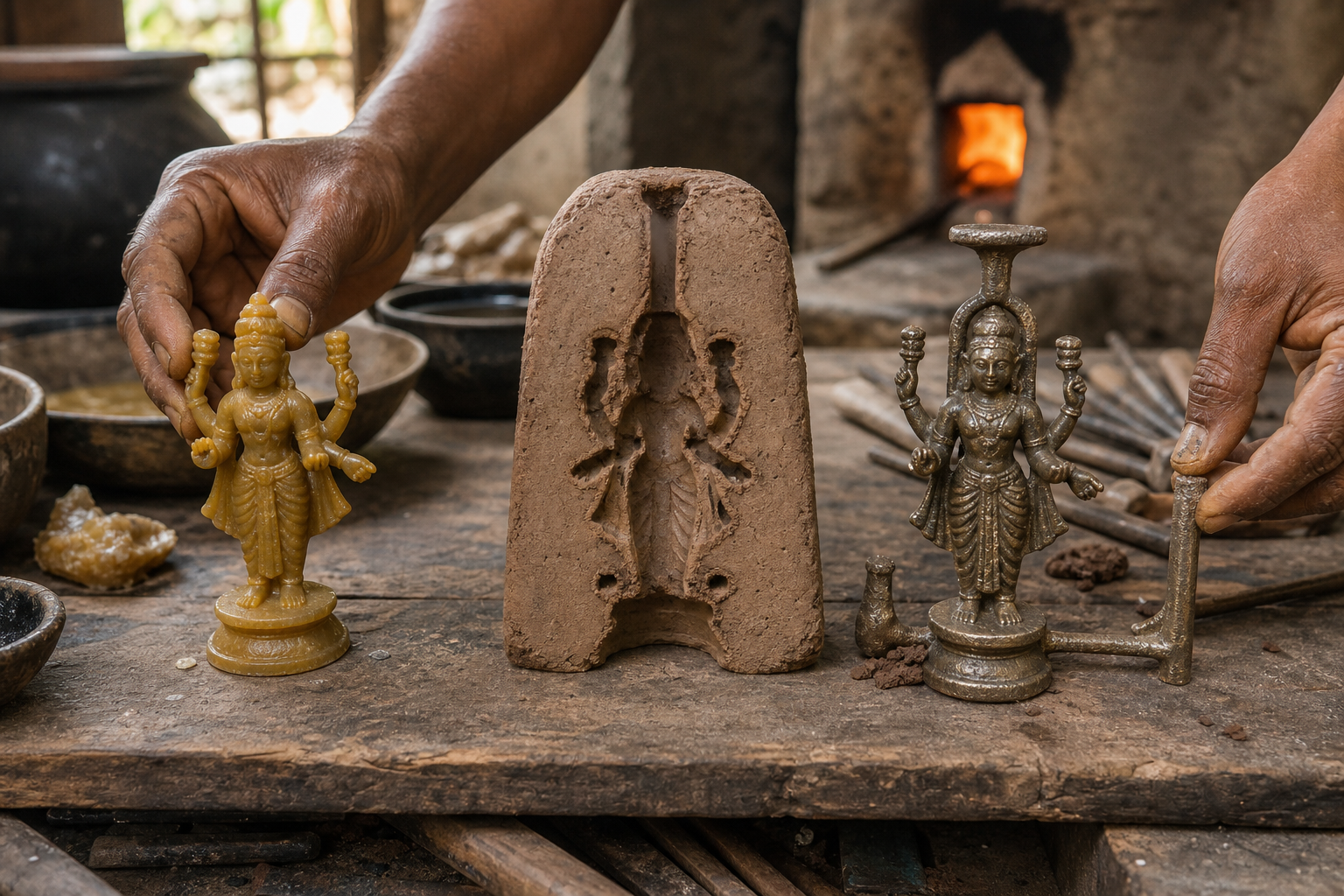 Artisan hands work beside a wax deity model, a clay casting mold, and an unfinished bronze figure in a traditional lost-wax workshop.