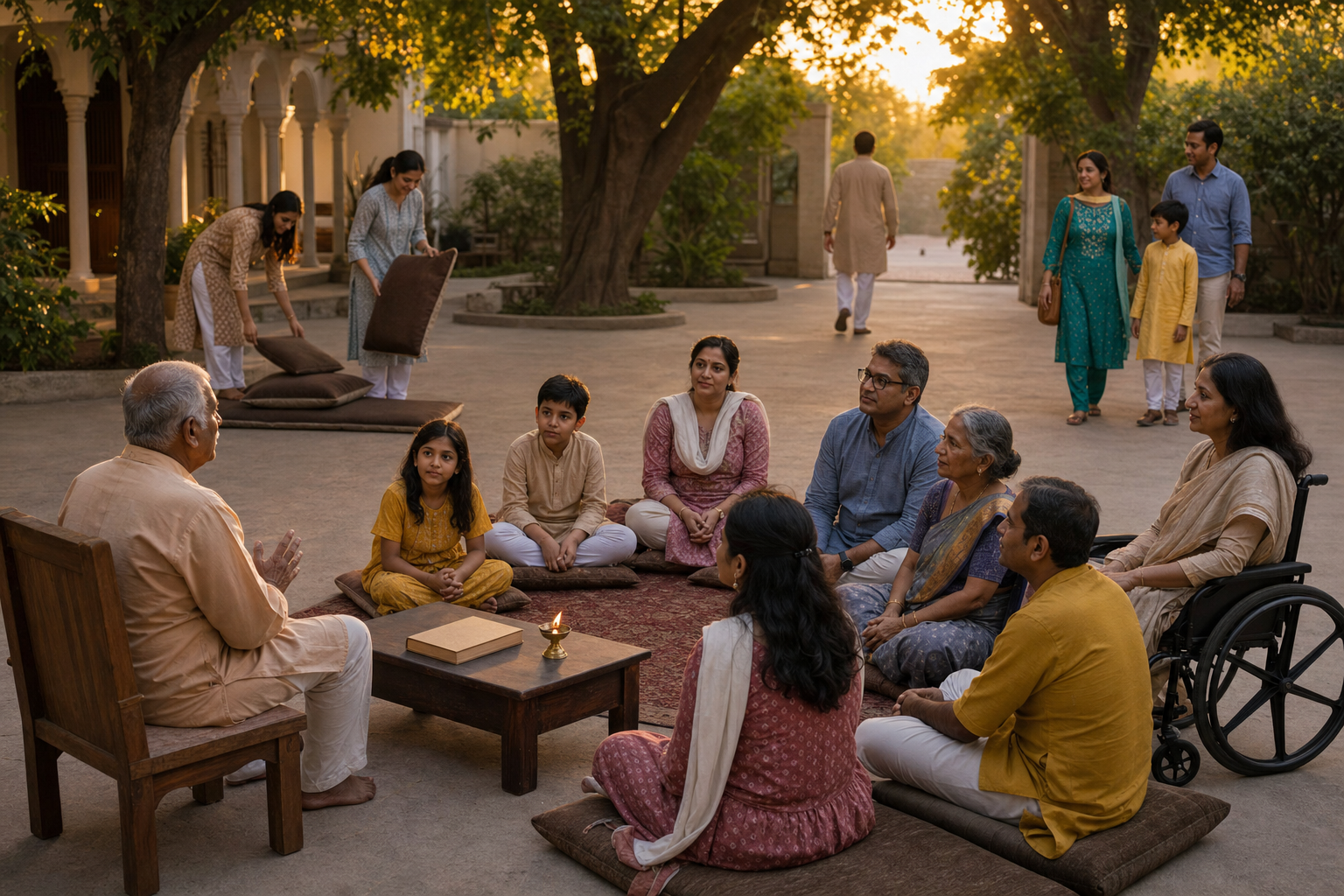 Families voluntarily attend a small courtyard heritage gathering with open seating, an accessible chair, and an unobstructed exit.