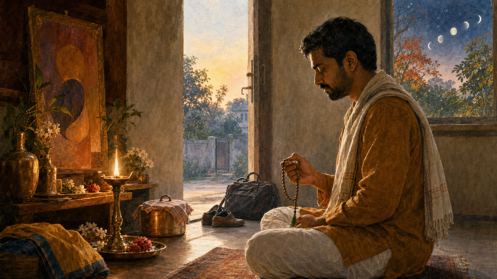 A devotee performs japa beside a home altar at dawn, with work items near the doorway and a prepared food container suggesting daily service.