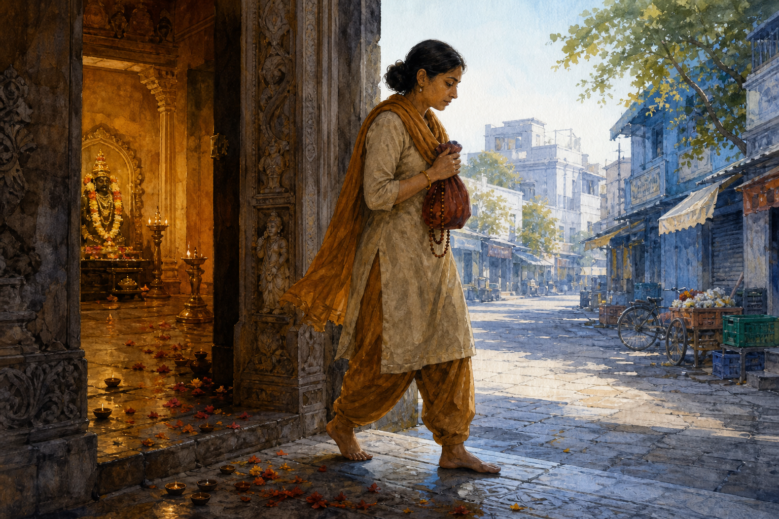 A devotee leaves a lamp-lit temple after a festival night and walks toward a street beginning its ordinary morning activity.