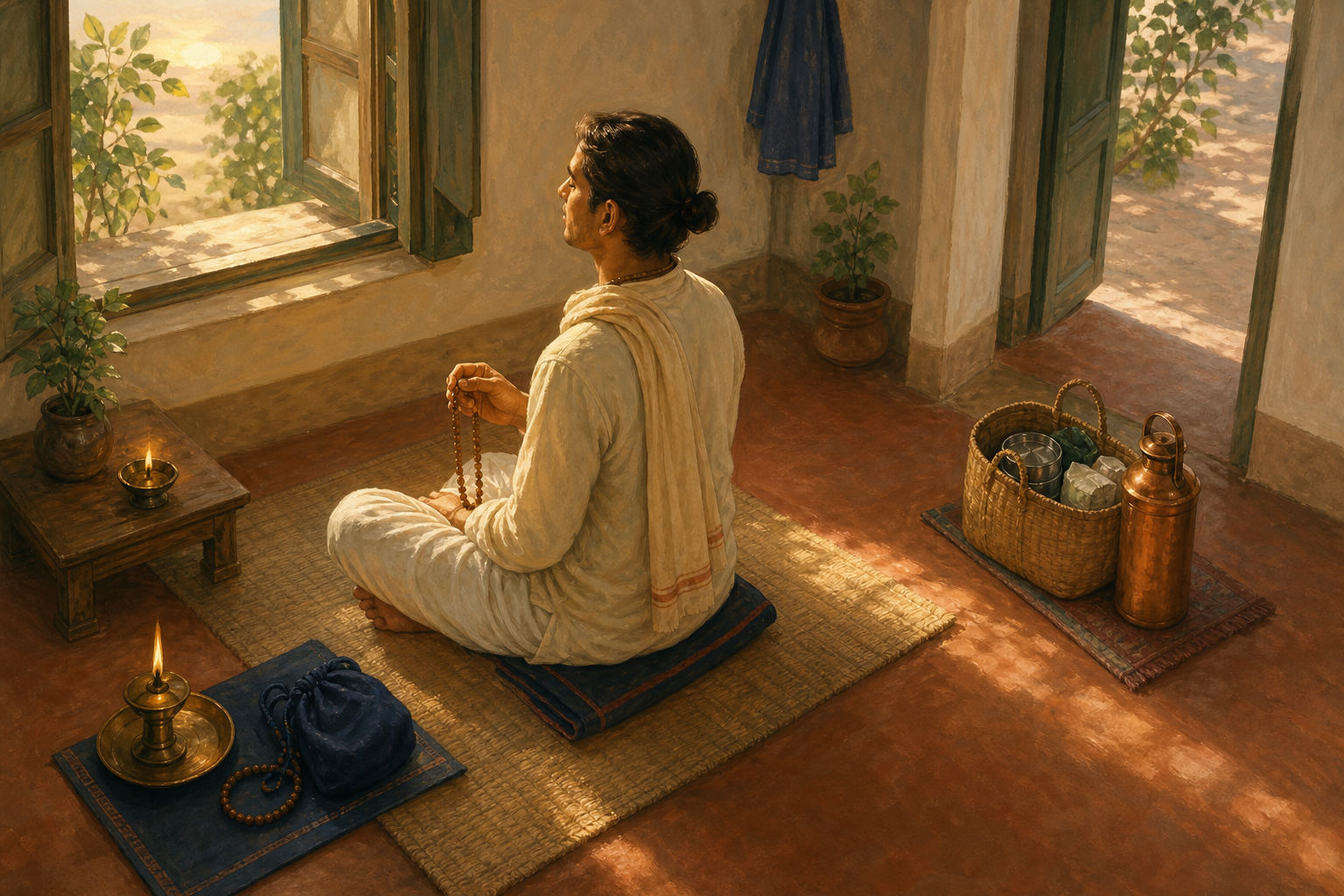 A prayer mat and beads lead visually from a devotee's morning japa practice to food and water prepared for a neighbor.