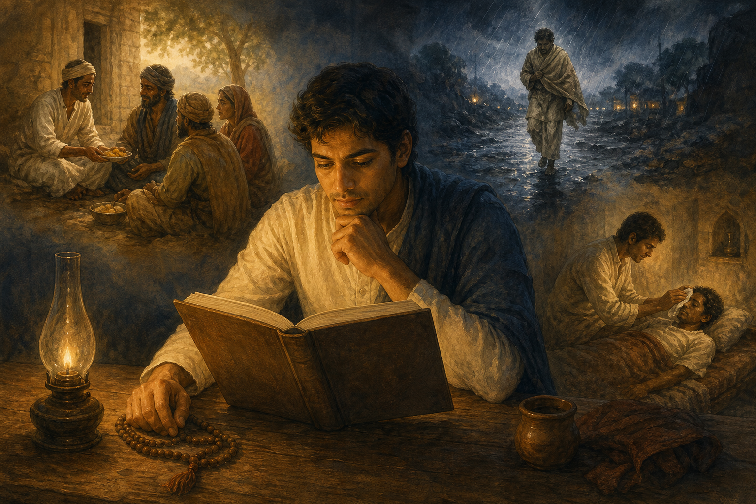 A devotee reads a devotional biography while softly lit scenes show an unnamed historical practitioner feeding travelers, enduring hardship, and caring for a sick person.
