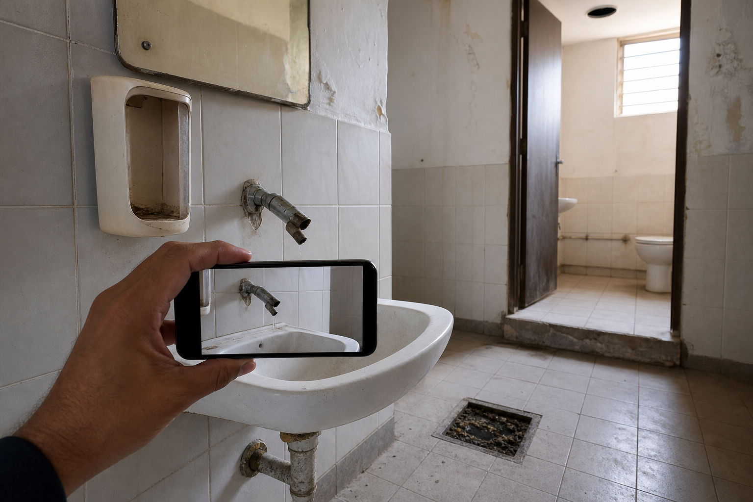 A visitor photographs a broken tap, empty soap dispenser, blocked drain, and inaccessible threshold in a public toilet.