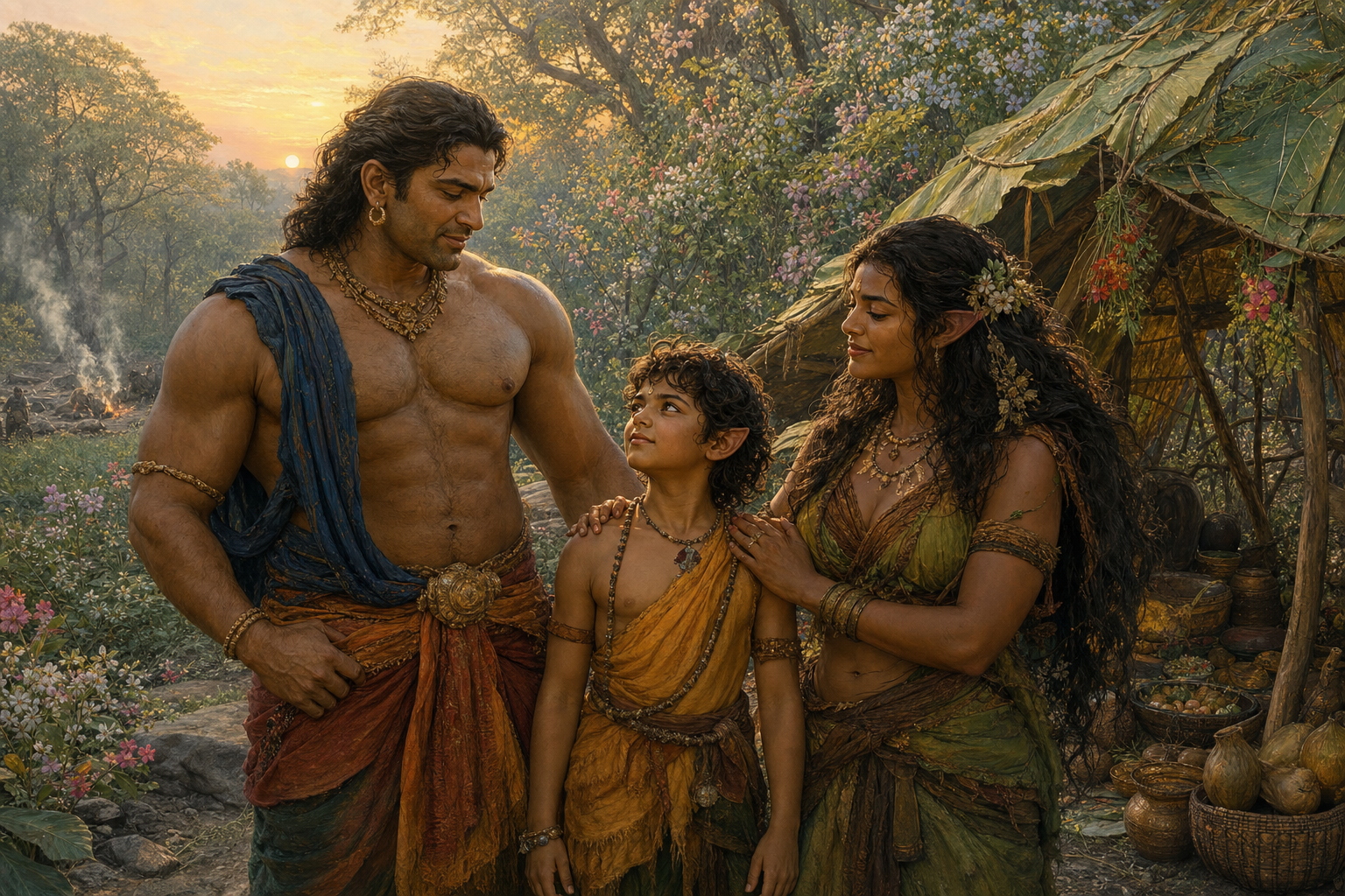 Bhima, Hidimbi and their young son Ghatotkacha stand together in a peaceful forest clearing at dawn.
