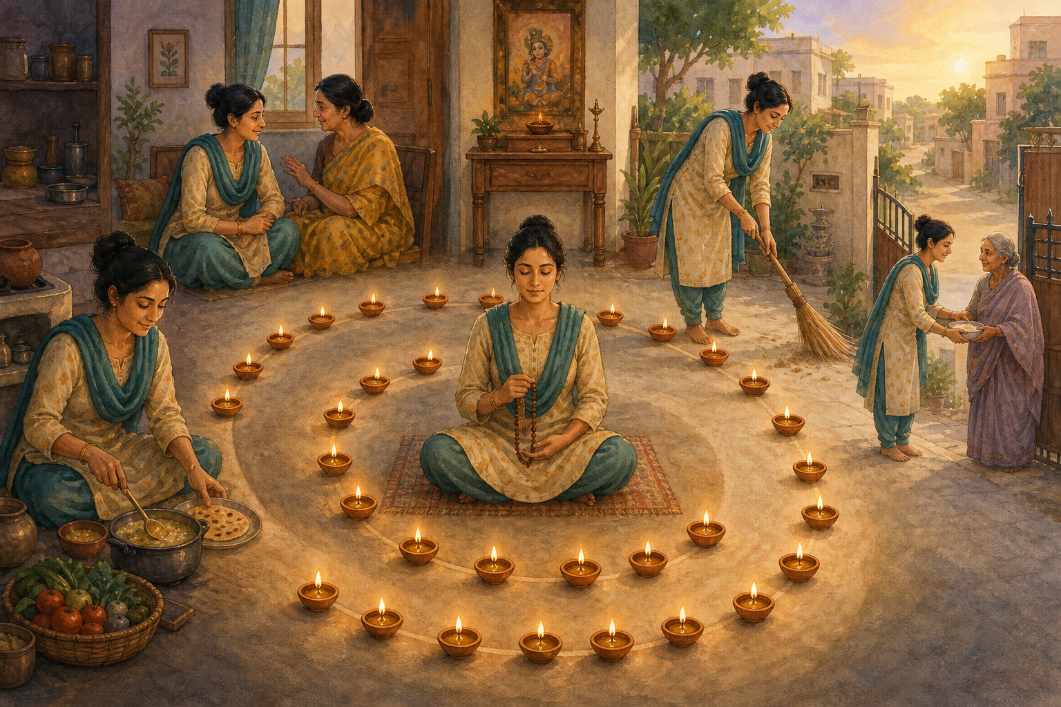 Thirty clay lamps surround sequential scenes of a devotee practicing japa, helping at home, cleaning a courtyard, and bringing food to an elderly neighbor.