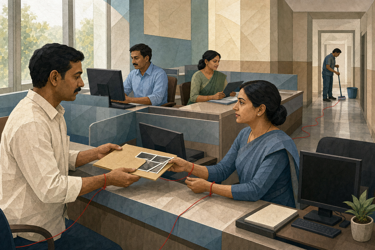 A citizen gives an evidence folder to a facilities officer as a red thread links the complaint to a maintenance worker.