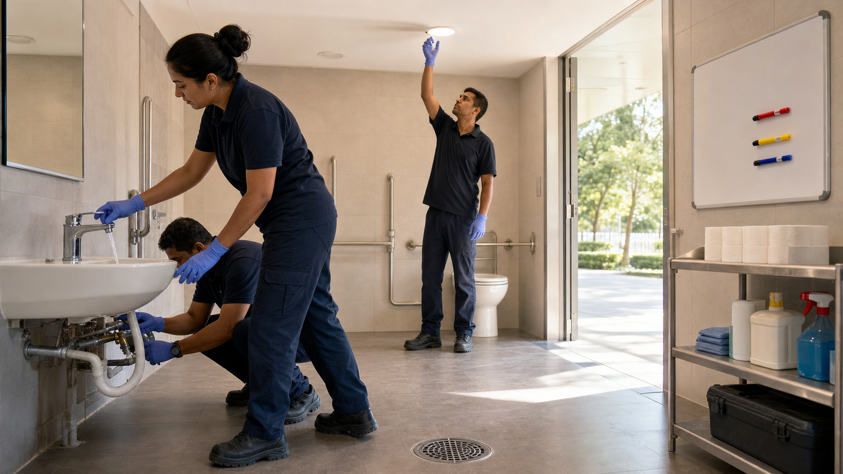Maintenance workers inspect running water, lighting, plumbing, drainage, and accessibility features in a public restroom.