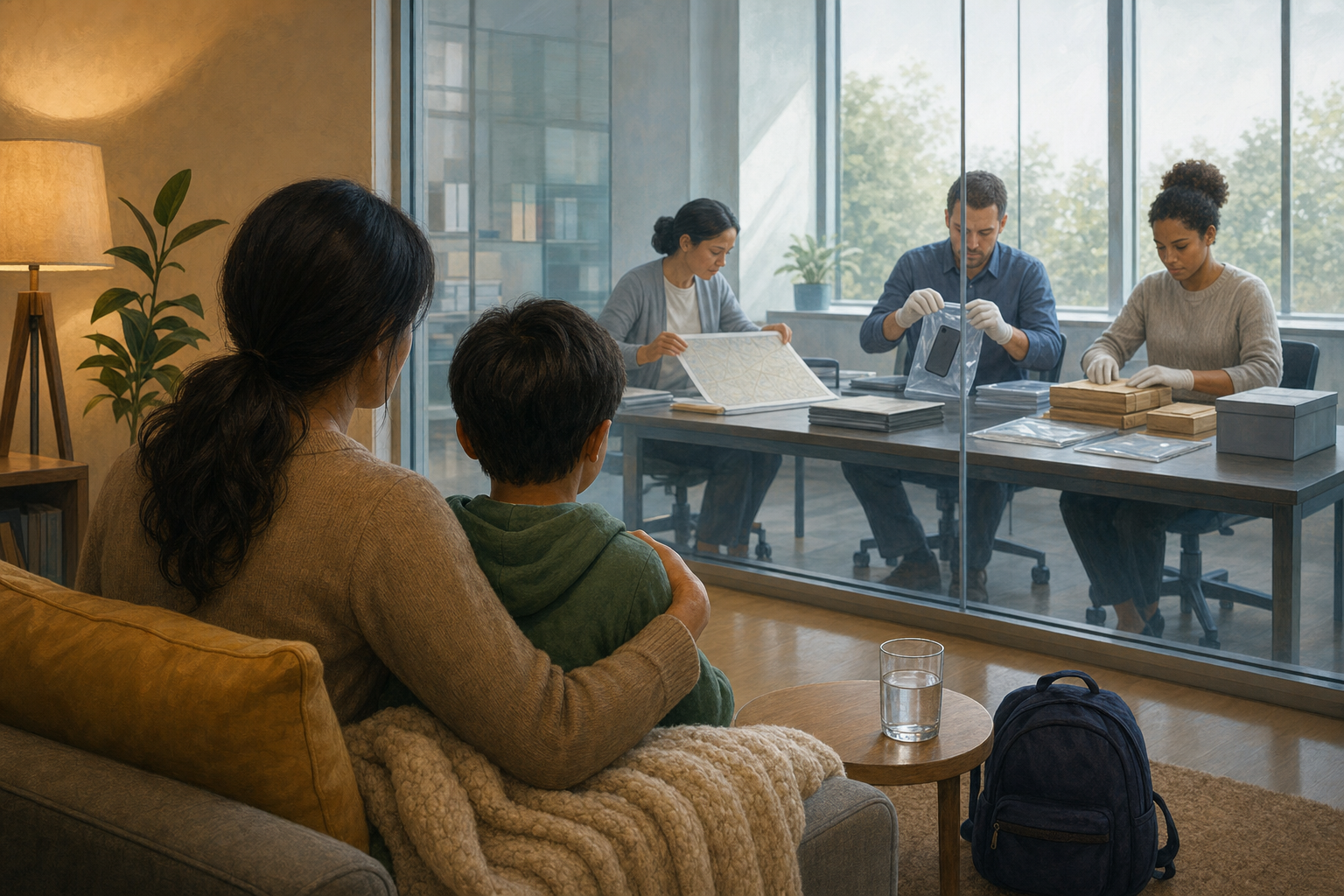 A child sits with a trusted caregiver in a protected room while a multidisciplinary team secures a phone, studies a route map, and organizes evidence nearby.