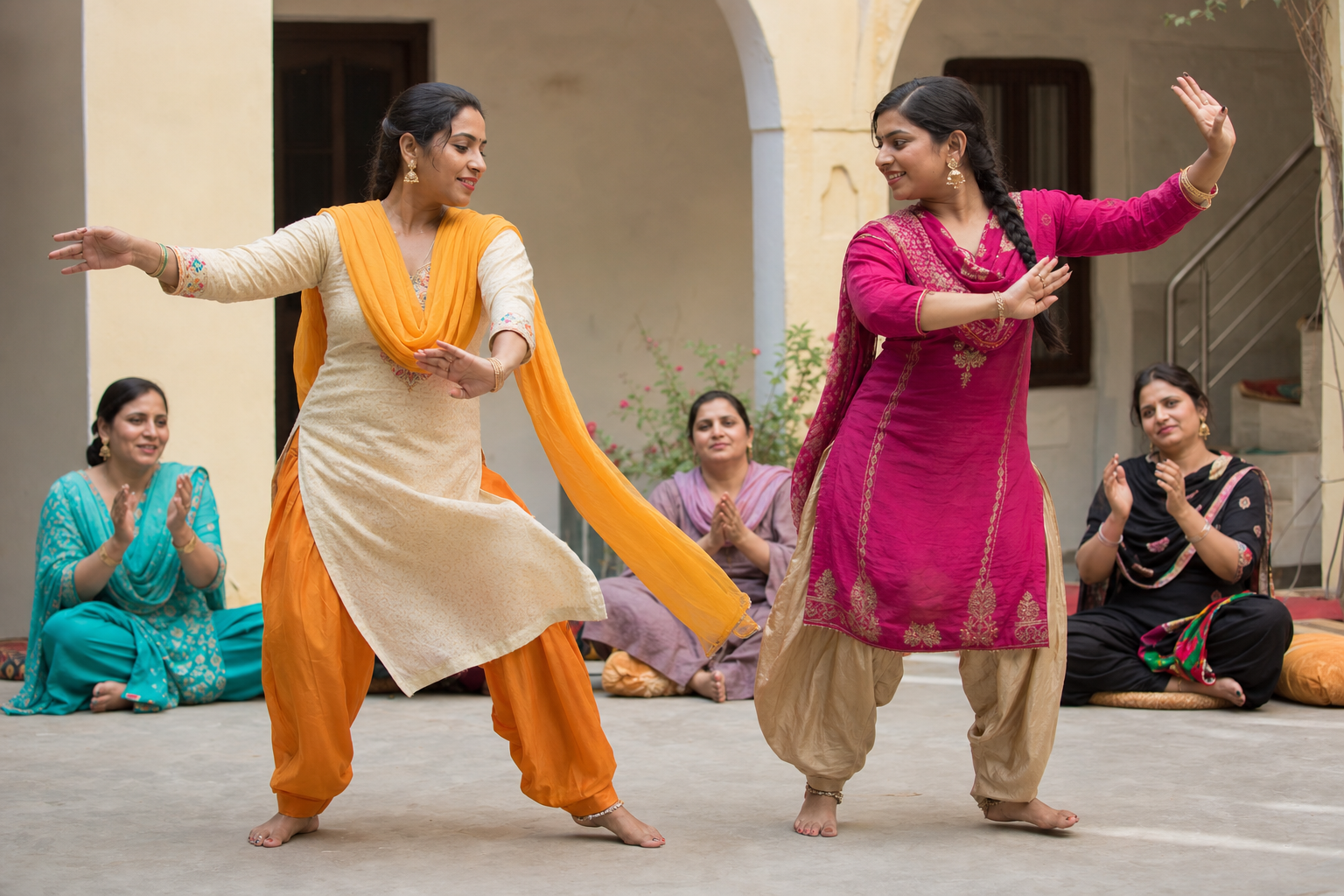 Two women face one another while practicing coordinated hip shifts, shoulder responses, and flowing arm movements in a courtyard.