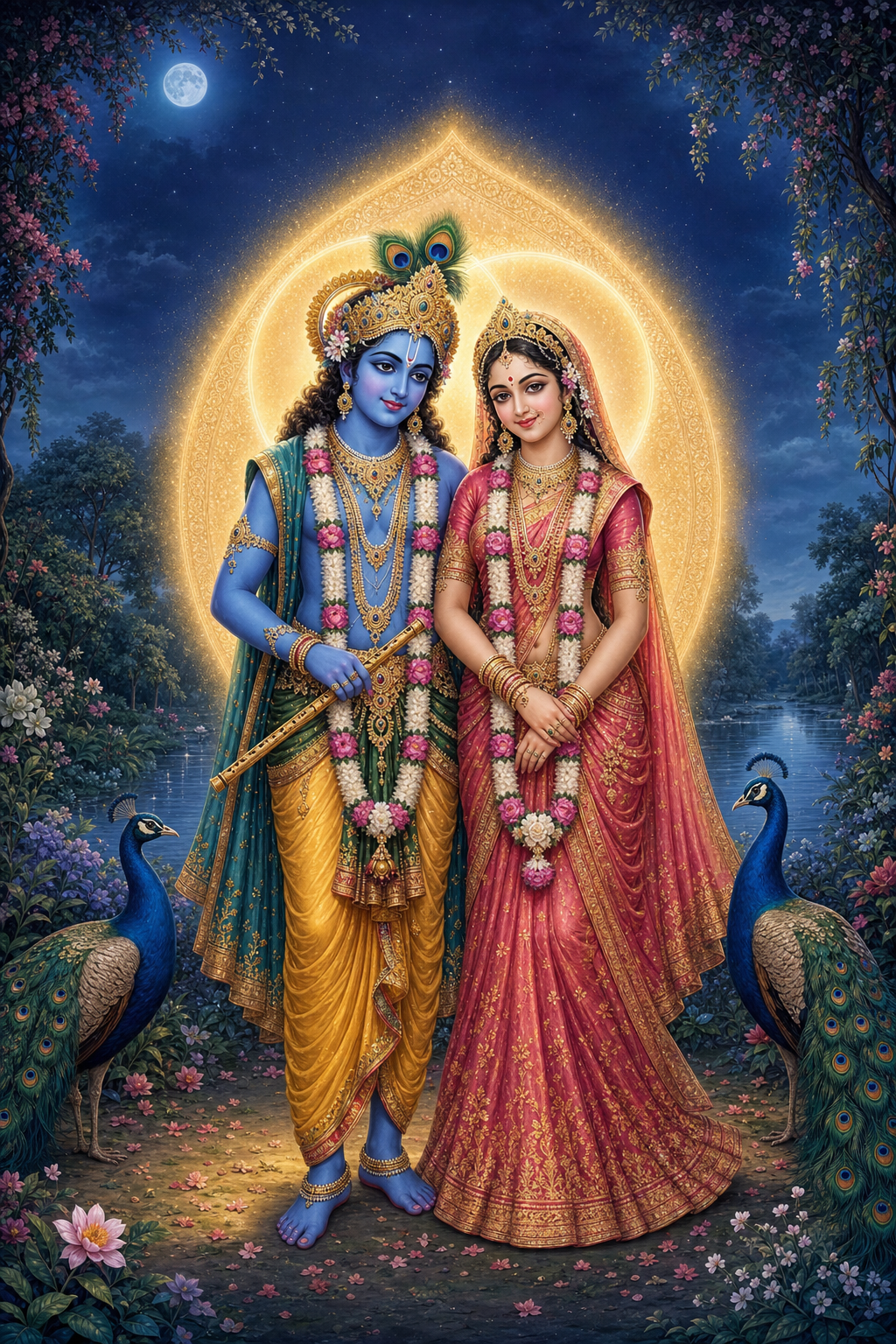 Radha and blue-skinned Krishna stand together with overlapping golden halos in a moonlit Vrindavan grove beside the Yamuna.