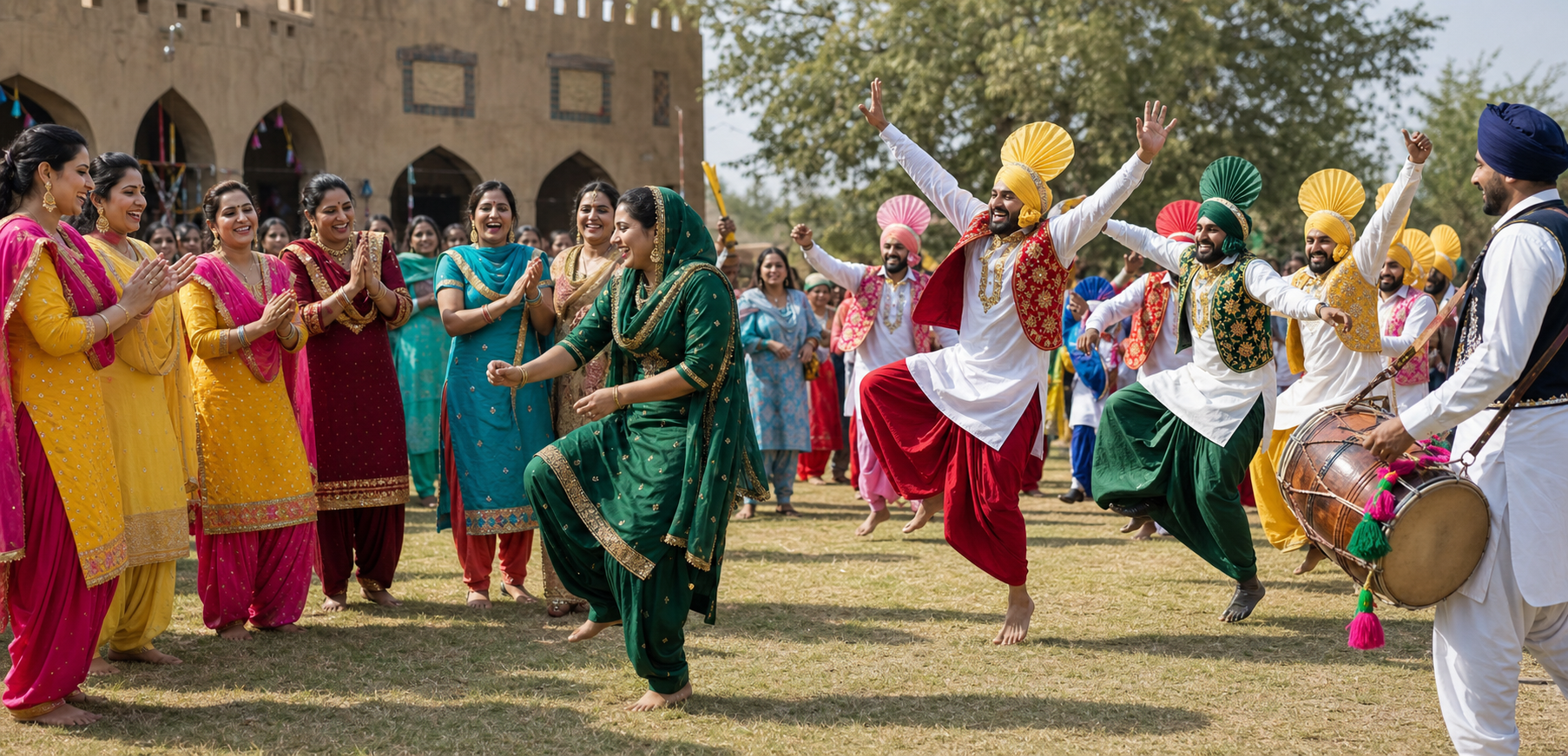 Women perform Giddha with clapping and expressive interaction beside men performing Bhangra with lifted arms and buoyant steps.