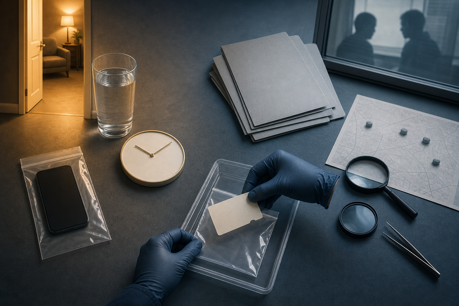 An overhead investigative workspace separates urgent safety items from unverified case materials as gloved hands place an object into a sealed evidence tray.