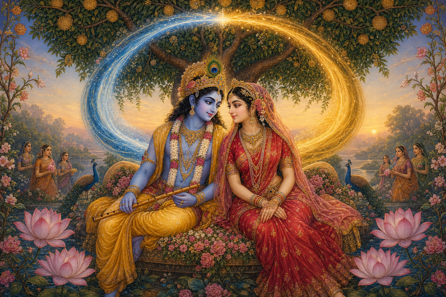 Radha and Krishna sit together beneath a flowering tree as blue and golden streams of light join behind them.