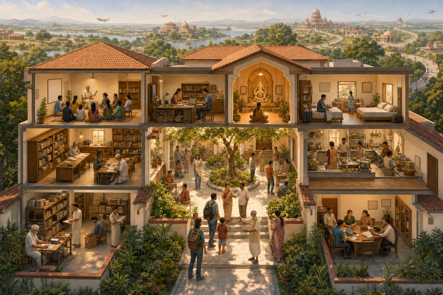 A cutaway community center shows classrooms, a library, a kitchen, offices, lodging, a shrine room and volunteers at work.