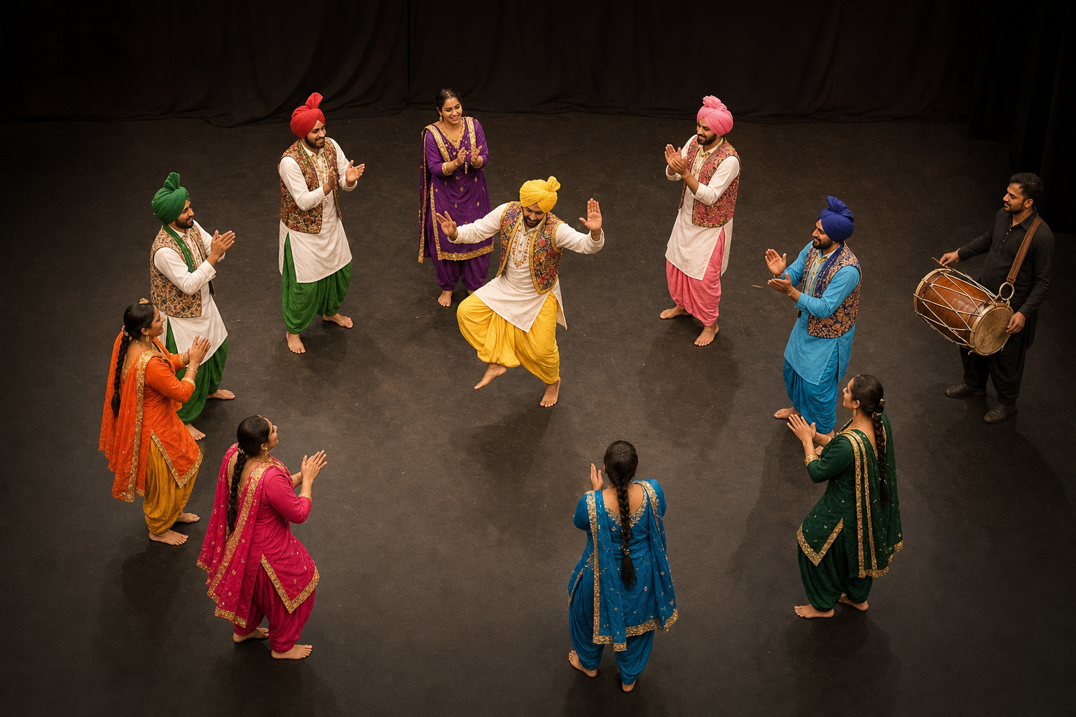 Punjabi folk dancers maintain an open circle on a stage while one dancer moves in the center and the others clap and watch.