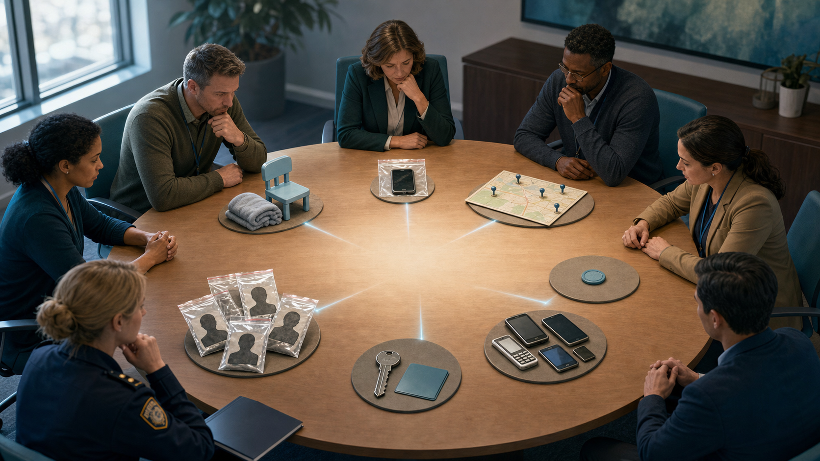 A multidisciplinary team reviews seven groups of child-safety evidence around a circular table, including a phone, route map, access items, and sealed materials.