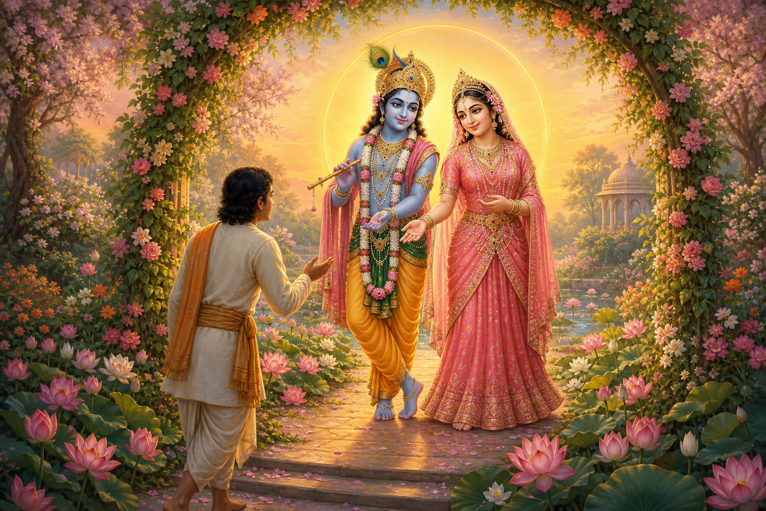 Radha extends a welcoming hand to a devotee on a lotus-lined path while Krishna stands beside her in a radiant garden.