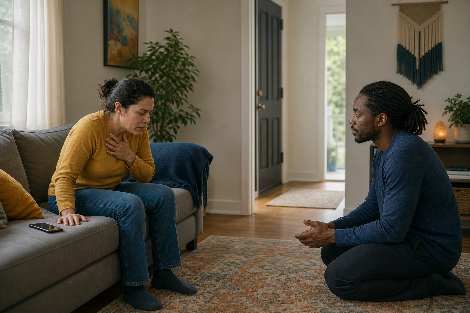 A distressed adult sits forward on a sofa while another adult kneels nearby at eye level with open hands and a phone within reach.