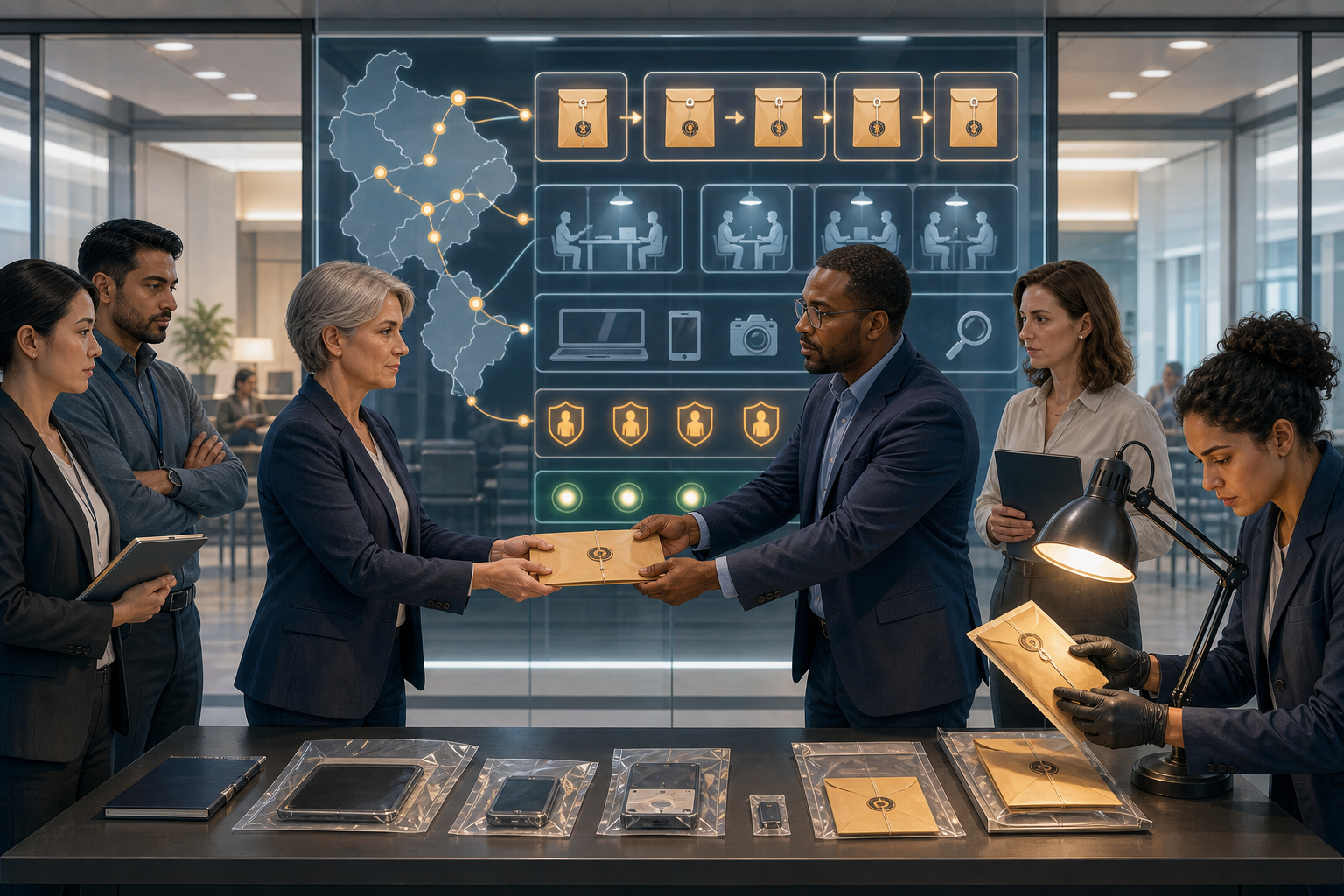 An independent reviewer and safeguarding team inspect sealed evidence and visual case-status markers in a public oversight room.