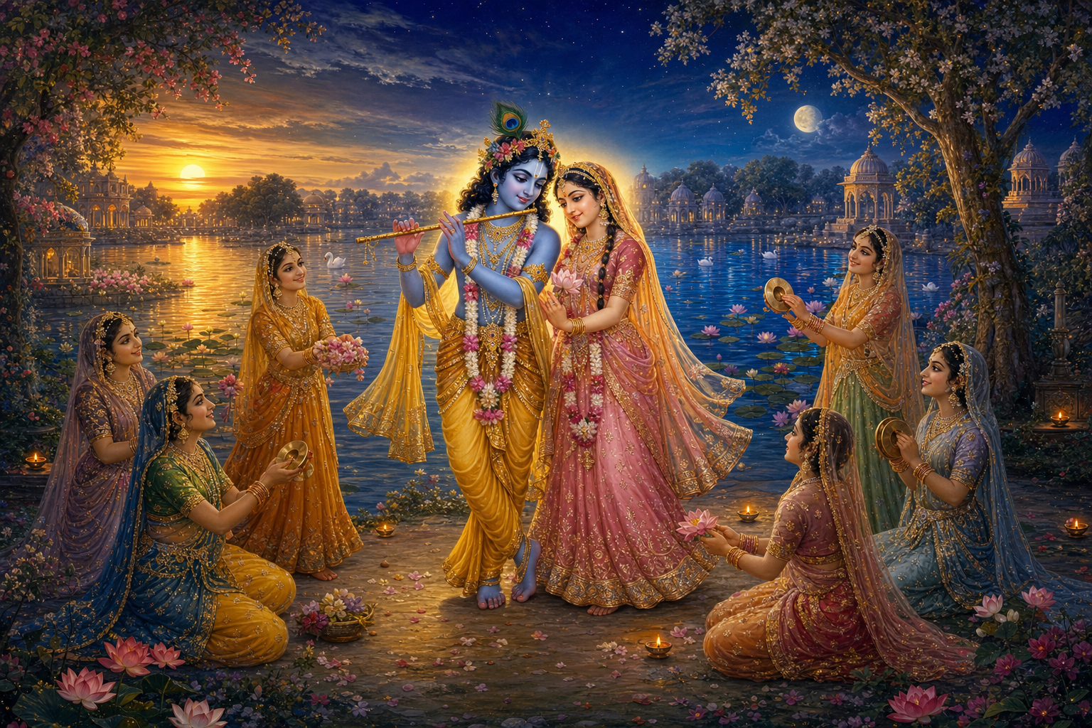 Radha and Krishna stand on a glowing riverbank surrounded by companions offering flowers and playing small cymbals.
