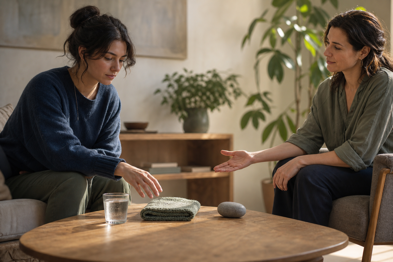 A seated adult reaches toward a textured cloth while a companion quietly offers a choice of sensory objects on a low table.