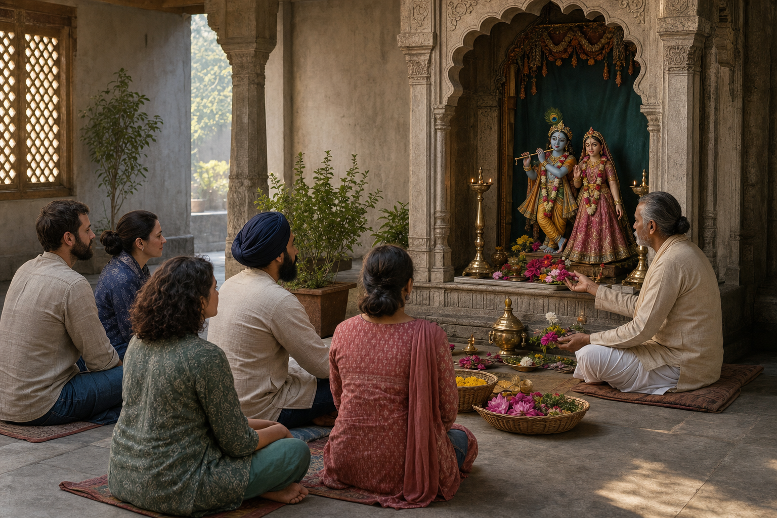 Visitors sit with a practitioner in a temple courtyard while observing a flower offering before a paired Radha-Krishna shrine.
