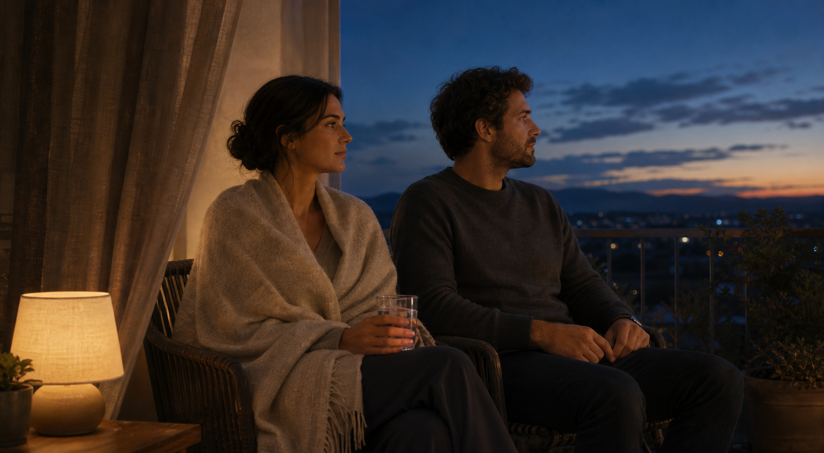 Two adults sit quietly on a private balcony at dusk, with one holding water under a light blanket and the other keeping them company.