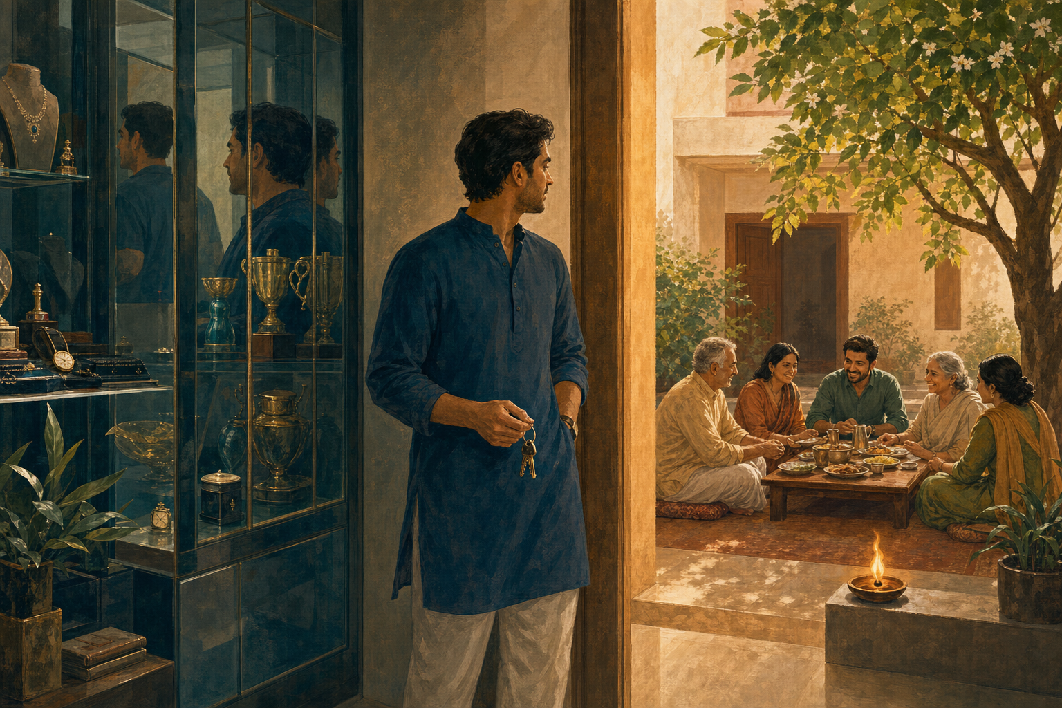 A prosperous person holding house keys stands between a mirrored display of luxury objects and a sunlit courtyard where people share a meal.