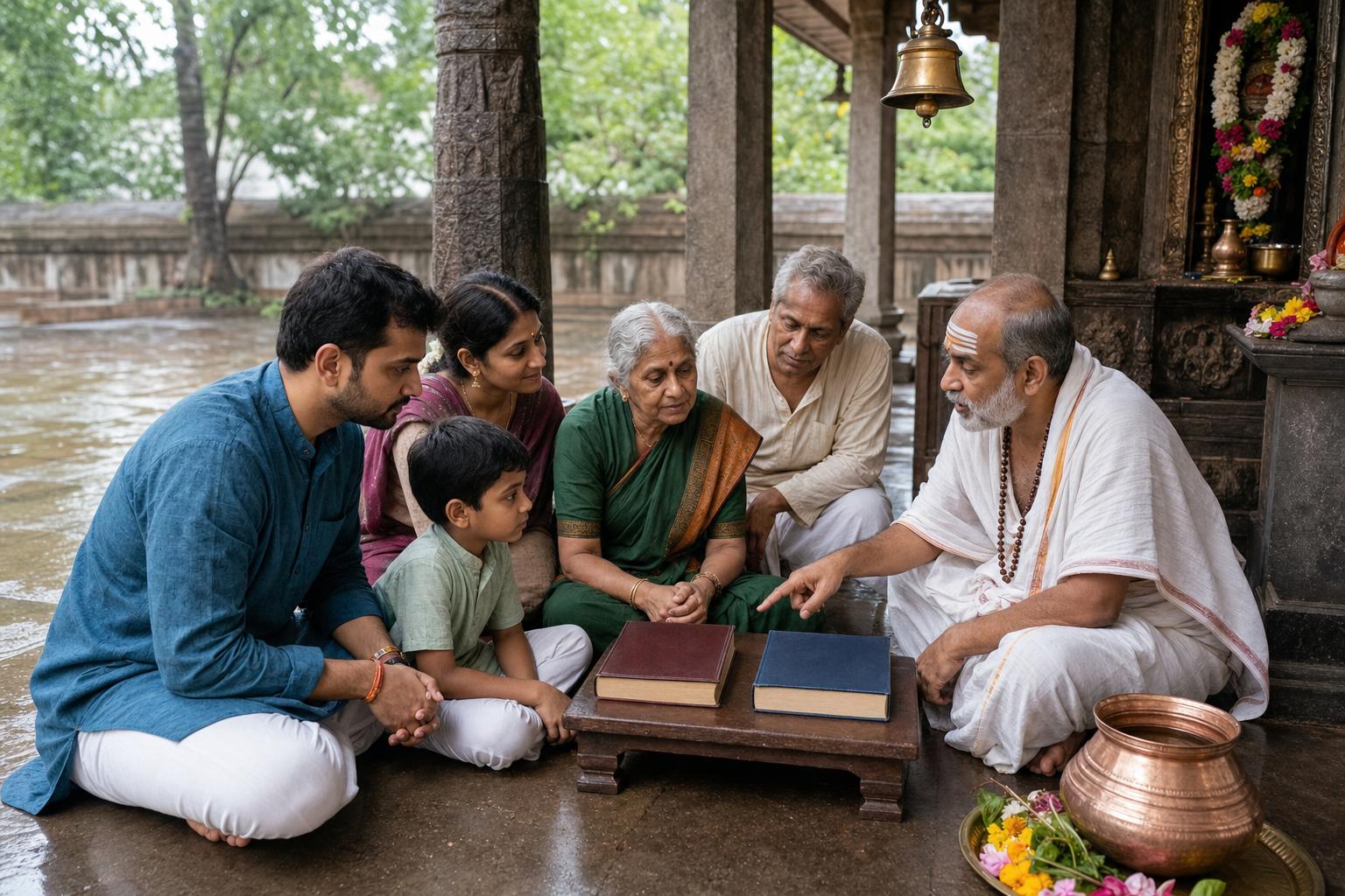 A multigenerational family consults a priest beside two closed panchanga volumes in a rain-dampened temple courtyard.