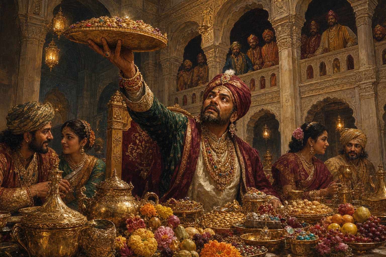 A richly dressed mythic treasurer displays an ornate platter at a lavish banquet while seated among vessels of coins, fruit, flowers, and jewelry.
