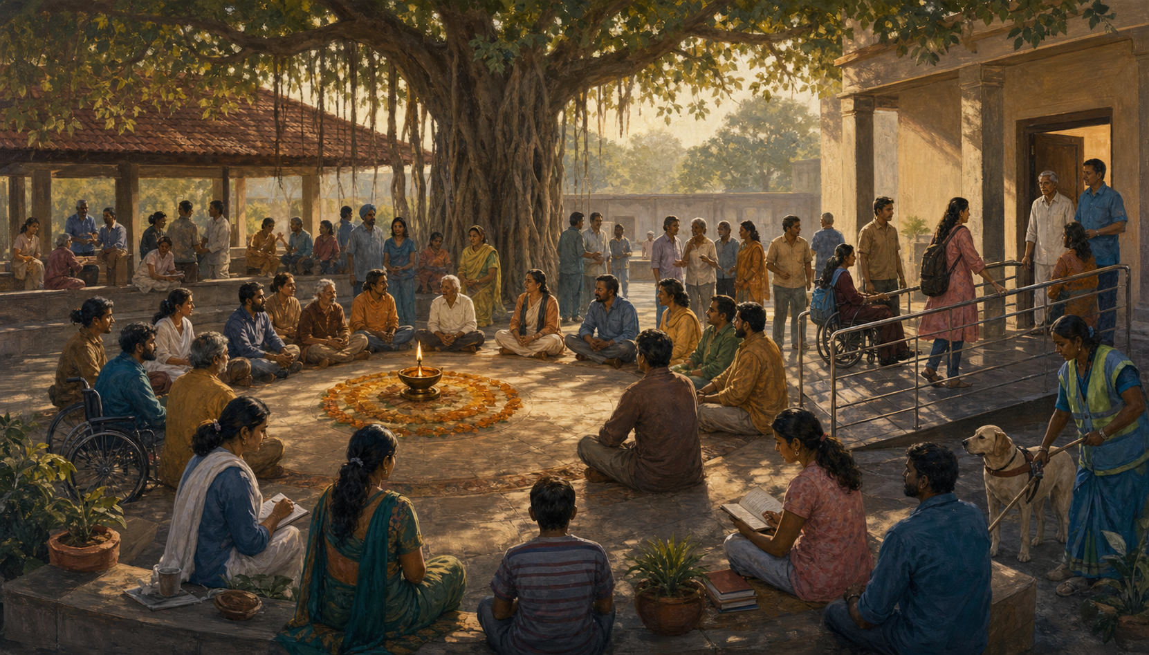 A diverse group of Indian citizens gathers around a lit oil lamp in a civic courtyard containing a council circle, community pavilion and public doorway beneath a banyan canopy.