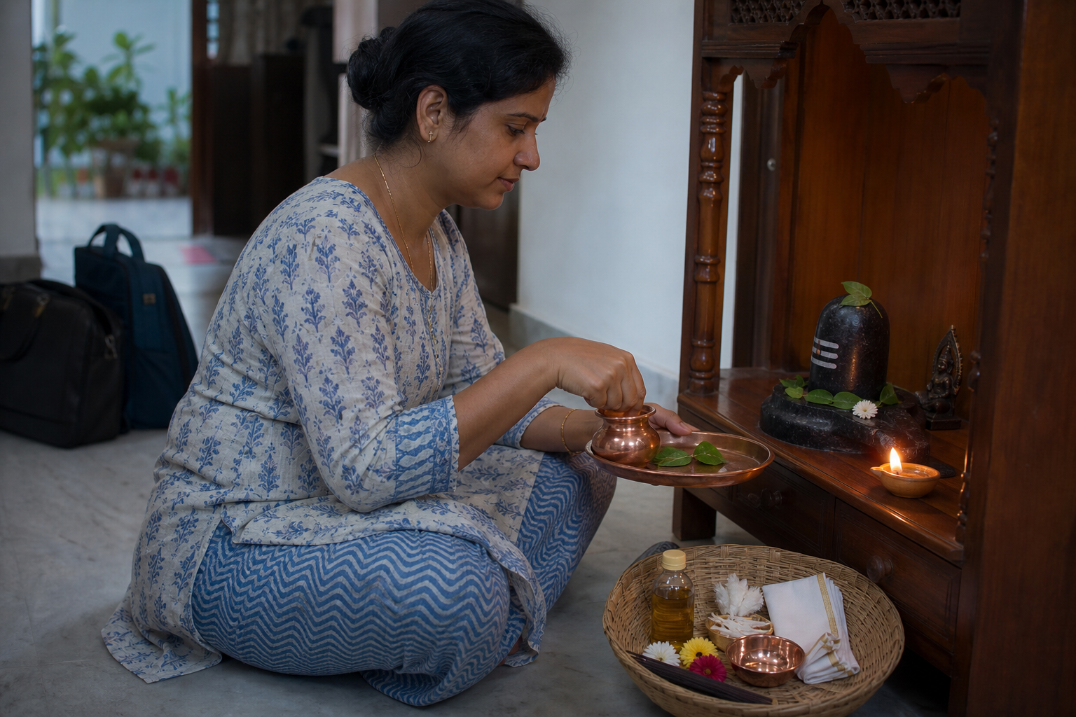 An adult performs a simple dawn puja at a small home shrine, with essential worship supplies organized in a basket and work and school bags near the doorway.