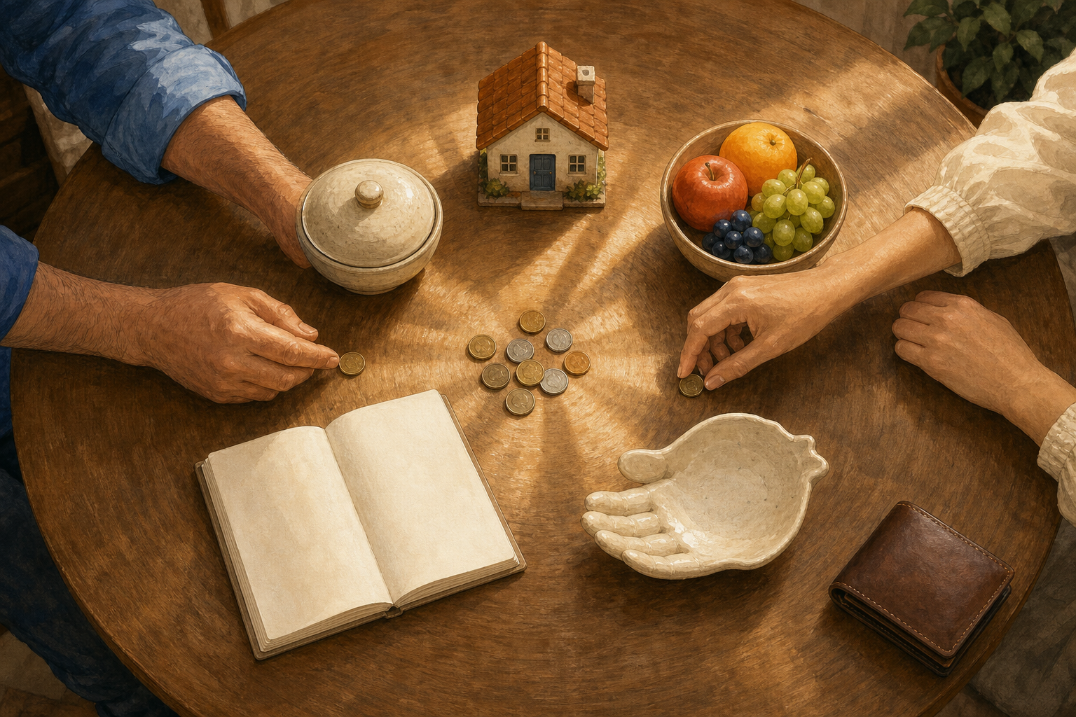 Two people divide coins among objects representing a home, food, learning, generosity, and enjoyment on a round wooden table.