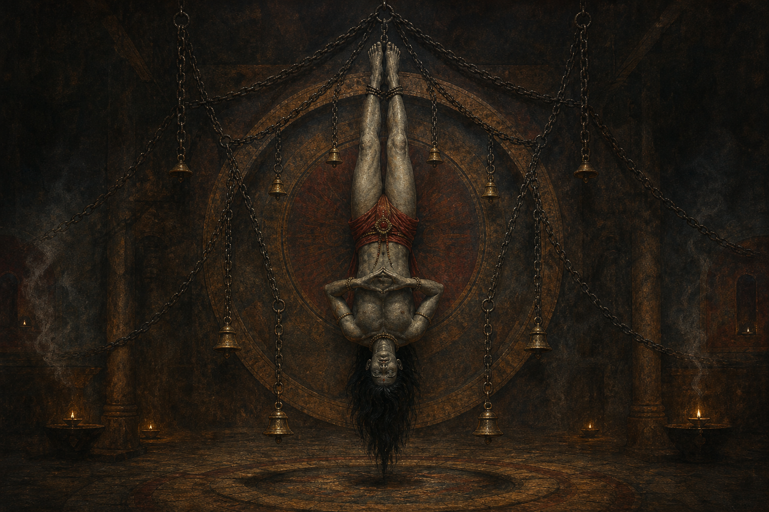 Vetal hangs head downward from chains among ritual bells in a dimly lit stone shrine.