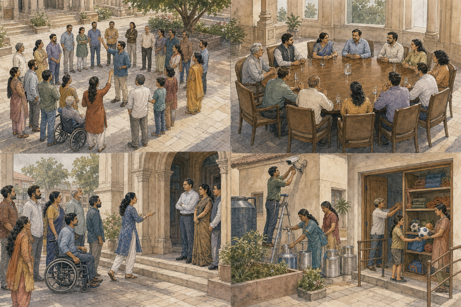 Four connected courtyard scenes show citizens choosing a delegate, joining a council, presenting community concerns and accessing a protected public institution.