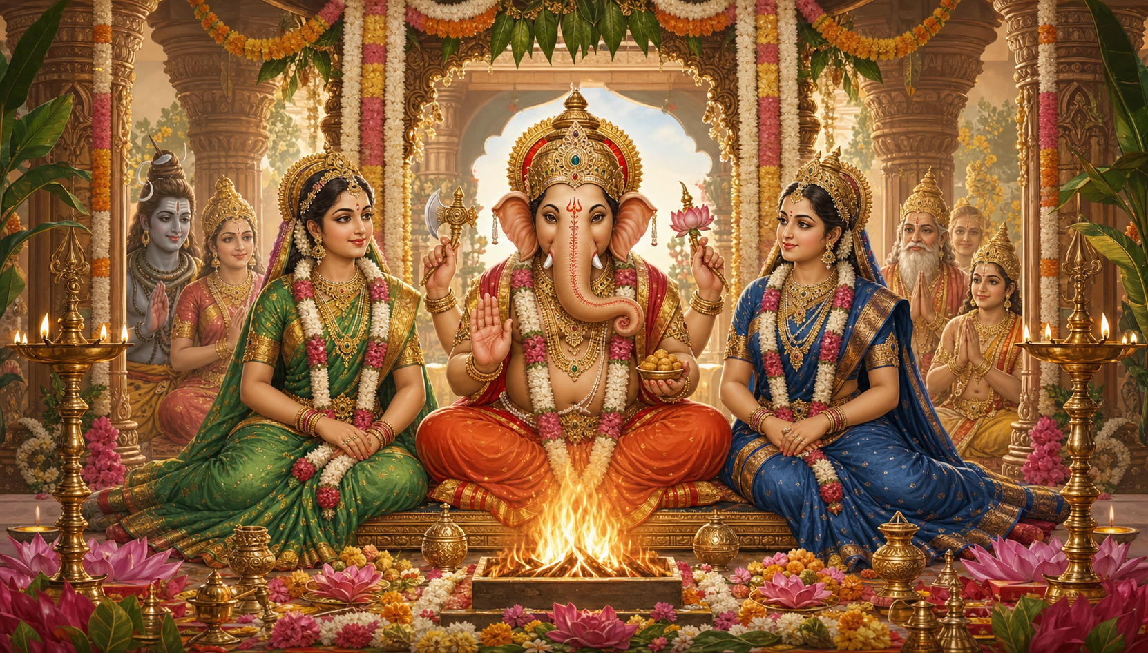 Ganesha sits with Siddhi and Buddhi beside a sacred wedding fire in a flower-decorated temple pavilion.