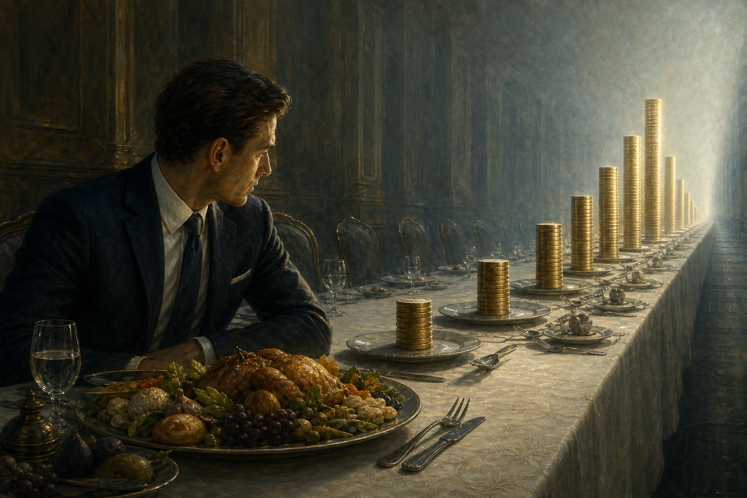 A person ignores a full plate while looking down a long table at a series of increasingly tall stacks of coins.