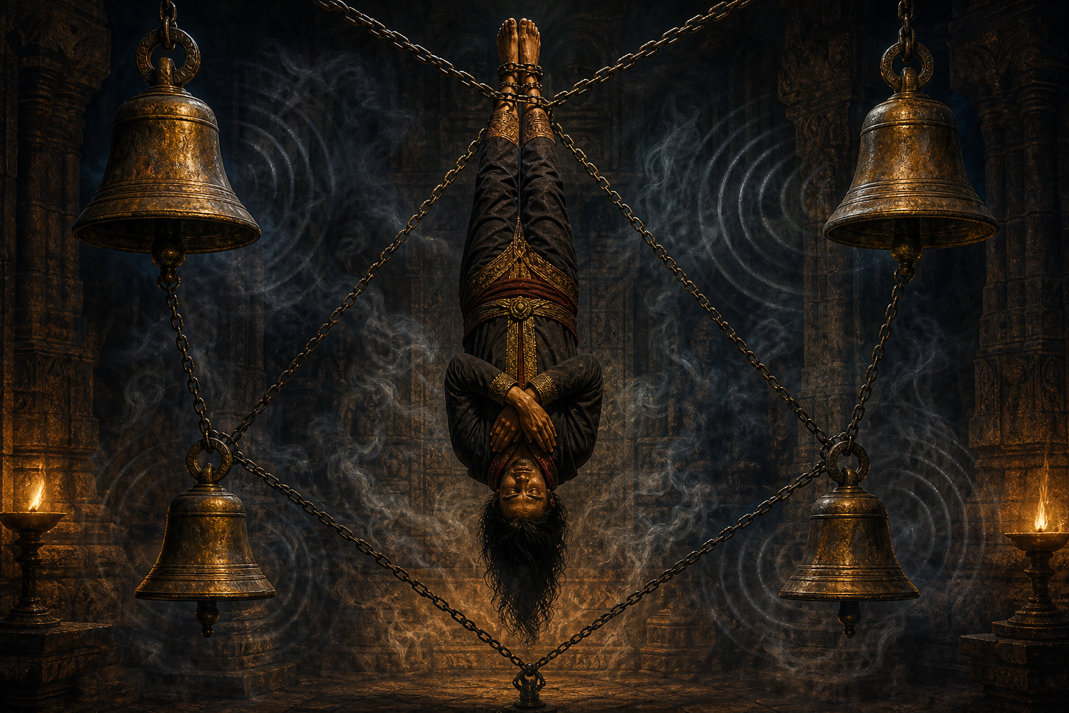 An inverted spirit is framed by taut chains and bronze bells as incense drifts through a dark shrine.