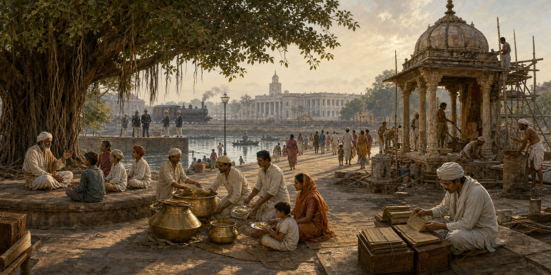 Nineteenth-century Indian communities teach children, serve food, preserve manuscripts, repair a temple pavilion, and continue a pilgrimage while colonial buildings and a railway stand in the distance.