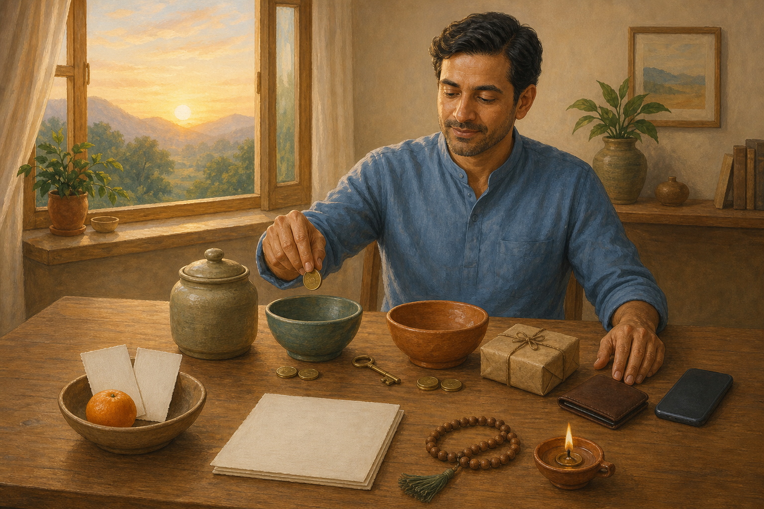 A person at a sunrise-lit desk places coins into savings, household, giving, and enjoyment vessels beside a wallet, keys, beads, and an oil lamp.